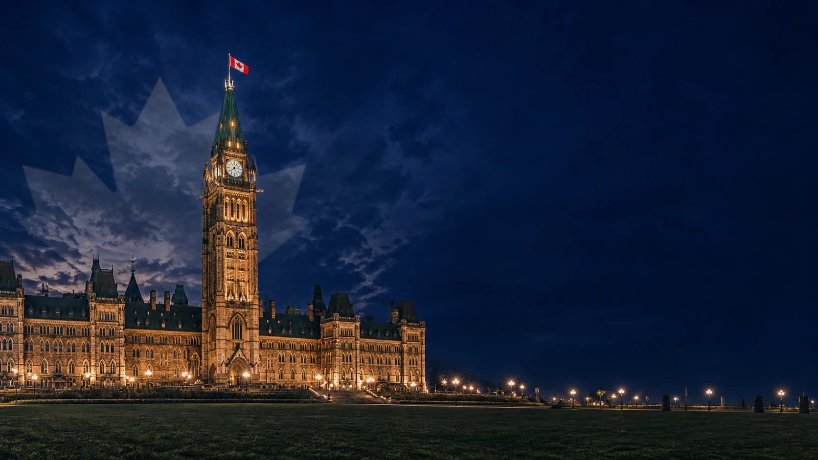 Le bloc central du Parlement du Canada et la Tour de la Paix éclairés la nuit à Ottawa